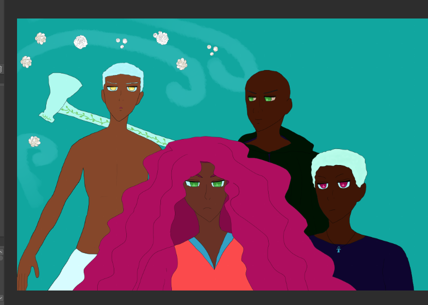 left forefront of the canvas has sketch of leila hadid-salah with wavy hair that falls everywhere, an intense frown and serious gaze. She has hot pink hair, brown skin and spring green eyes (Viridian). The shirt is orange with aqua v-neck.

upper left part of the canvas has sketch of nasir hadid-salah, who has bronze skin, golden eyes and is staring upward while wearing a white schenti. he has furrowed brows and very short cropped silver afro. he has a pale axe that's implied made of interesting metallic material and has leaf designs on his shoulder, shown behind him. He's staring up at flowers he's floating with his element, wind.

upper right part of the canvas has shakir, who is smiling toward nasir. he's bald, has darker brown skintone, spring green eyes (viridian), and wears a dark cloak.

right forefront of the canvas has luna adebayo, who is staring a bit drolly at leila hadid. she has short cropped silvery afro hair, dark brown skin, red eyes, dark violet shirt, and wears an aqua ankh.

they're all black characters and part of a futuristic fantasy egyptian environment.

the bg is teal blue and the canvas of clip studio is showing.